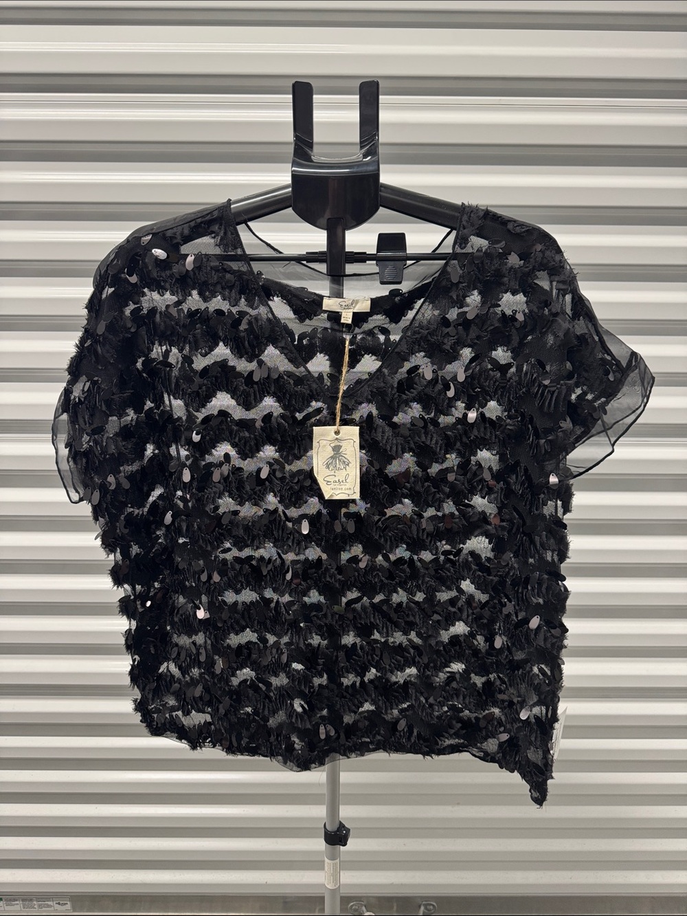 easel Black Sheer Appliqué V-Neck Short Sleeve Top